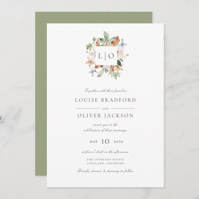 Simple Sage Watercolor Monogram Wreath Wedding Invitation (Front/Back)