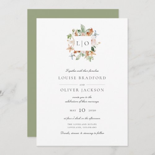 Simple Sage Watercolor Monogram Wreath Wedding Invitation