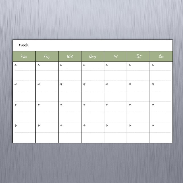 Simple Sage Weekly Calendar Magnetic Dry Erase Sheet (17 x 11 Landscape Dry Erase Weekly Calendar with Magnetic Backing.)