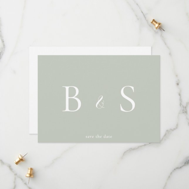 Simple Sage & White Monogram QR Code Save The Date (Front/Back In Situ)