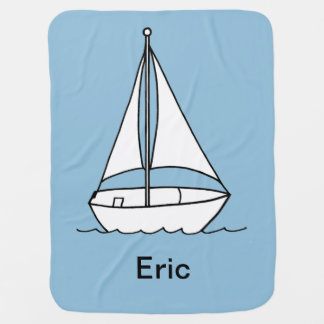 Simple Sailboat Outline White on Blue Baby Blanket