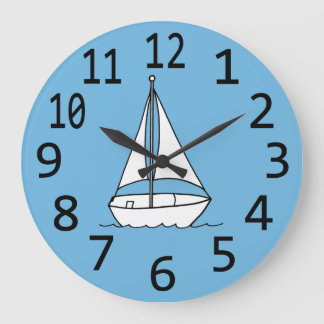 Simple Sailboat Outline White on Blue Clocks