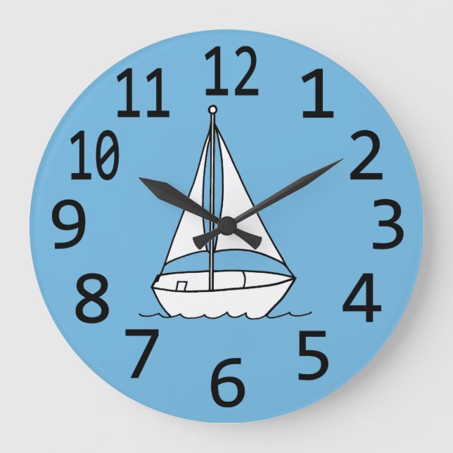 Simple Sailboat Outline White on Blue Clocks (Front)