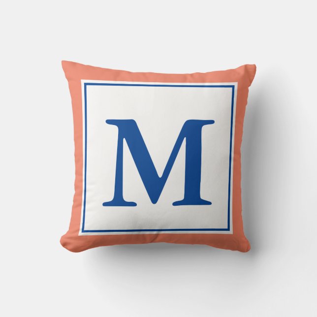 Simple Salmon and Deep Blue Monogrammed Throw Pillow (Front)