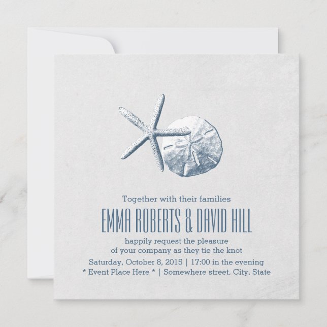 Simple Sand Dollar & Starfish Beach Wedding Invitation (Front)