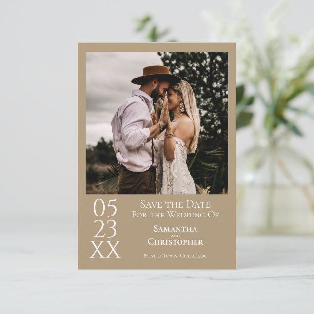 Simple Sandy Tan Modern Minimalist Photo Wedding Save The Date (Standing Front)