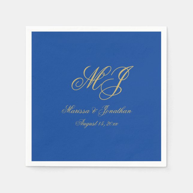 Simple Sapphire Blue Gold Monogram Script Wedding Napkins (Front)