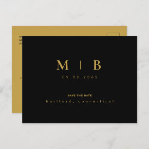 Simple Save the Date Gold Monogram Black Announcement Postcard