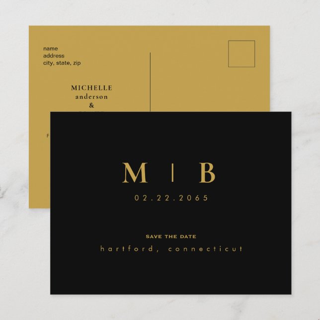 Simple Save the Date Gold Monogram Black  Announcement Postcard (Front/Back)