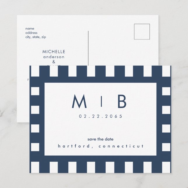 Simple Save the Date Navy Monogram Geometric Announcement Postcard (Front/Back)