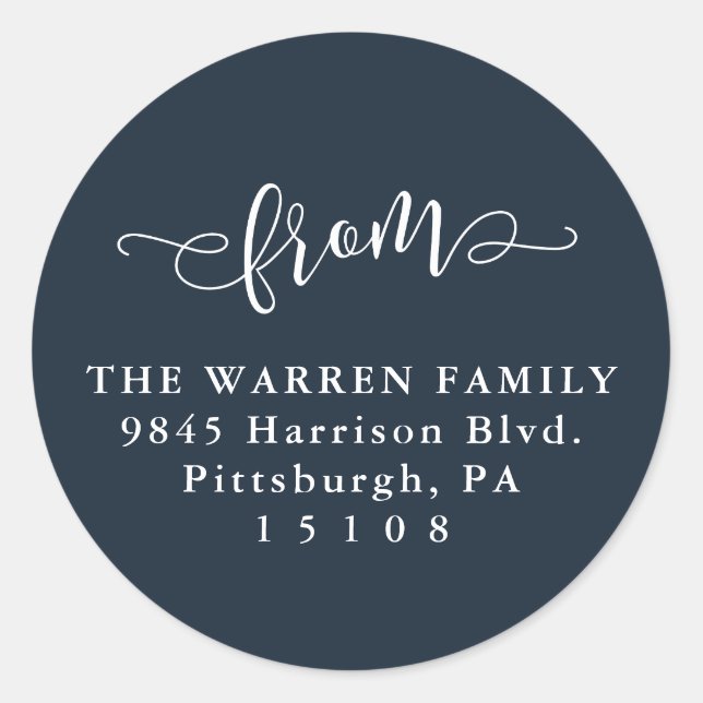 Simple save the date navy return address classic round sticker (Front)