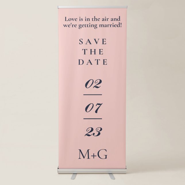 SIMPLE SAVE THE DATE OXFORD BLUE AND BABY PINK RETRACTABLE BANNER (Front)