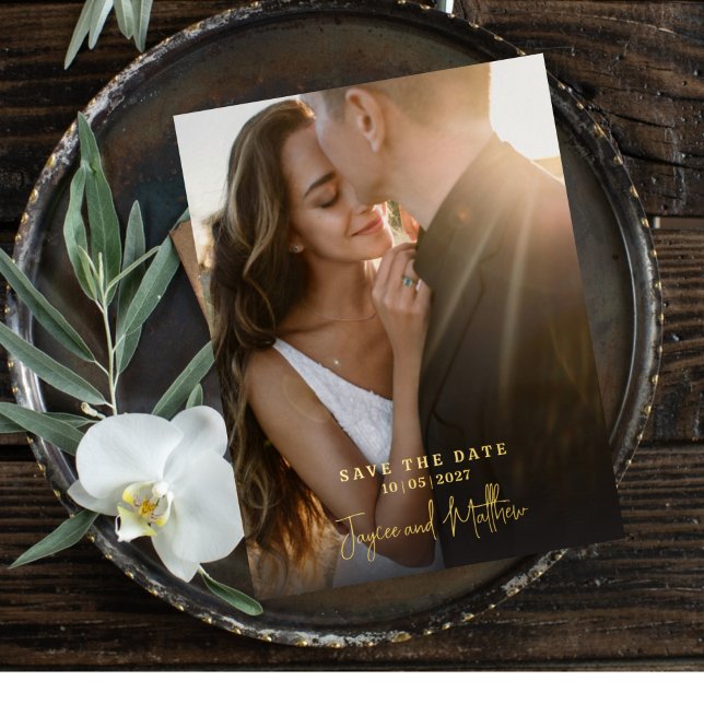 Simple Save the Date Photo Foil Invitation Postcard (Creator Uploaded)