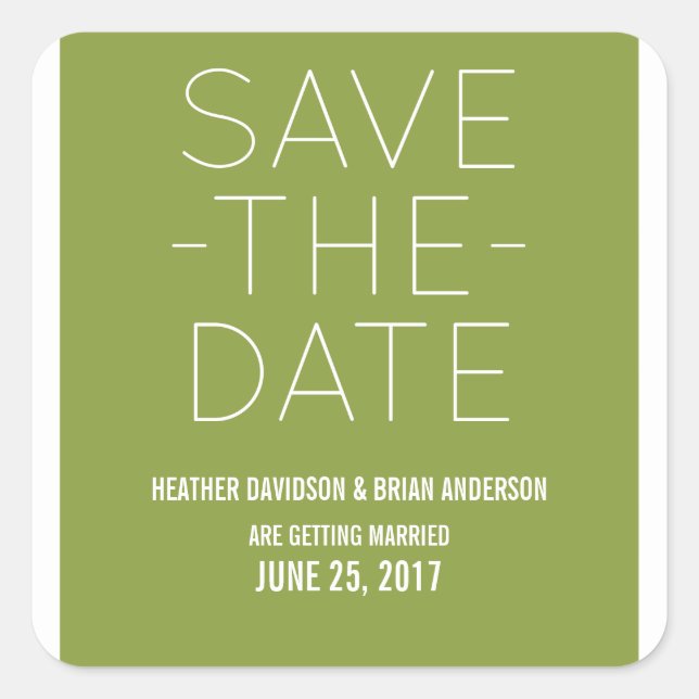 Simple Save the Date Stickers, Olive Green Square Sticker (Front)