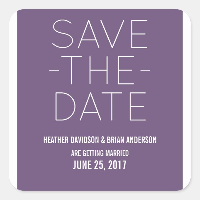 Simple Save the Date Stickers, Purple Square Sticker (Front)