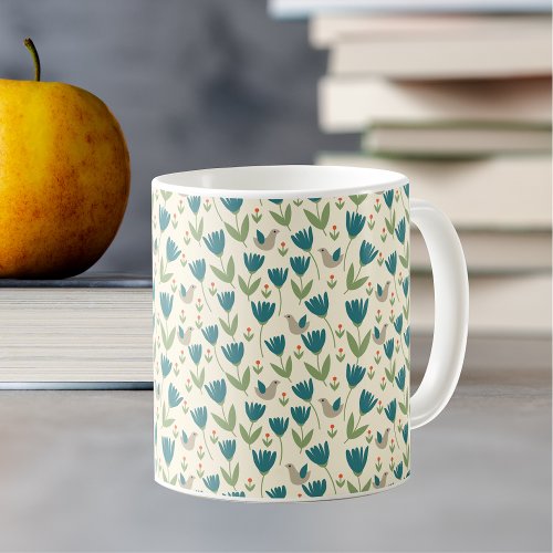 Simple Scandinavian Flowers and Birds Pattern Coffee Mug
