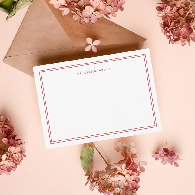 Simple Scarlet Minimalist Monogram Two Border Note Card (Creator Uploaded)