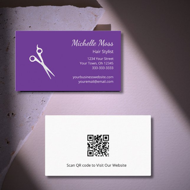 Simple Scissors QR code Hair Stylist Cute Purple  Business Card (Creator Uploaded)