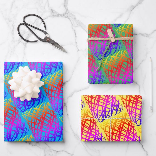 Simple Scribble | Blue, Green, Yellow Background Wrapping Paper Sheets (Front)