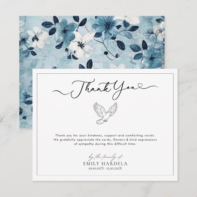 Simple Scrift Dove Funeral Thank You Card (Front/Back)