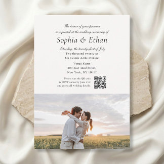 Simple Script 2 Photo QR Code Off White Wedding Invitation
