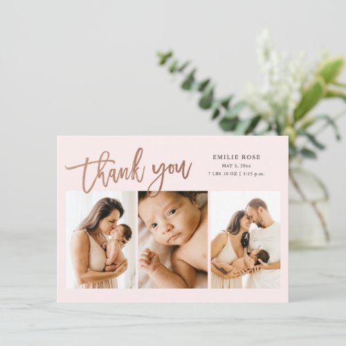 Simple Script 3 Photo Baby Birth Thank You Card
