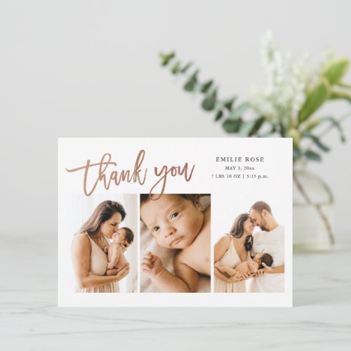 Simple Script 3 Photo Baby Birth Thank You Card