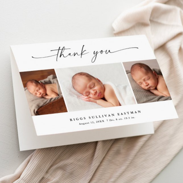 Simple Script 3 Photo Collage Baby Thank You Card (Elegant modern script 3 photo collage baby photo thank you card.)