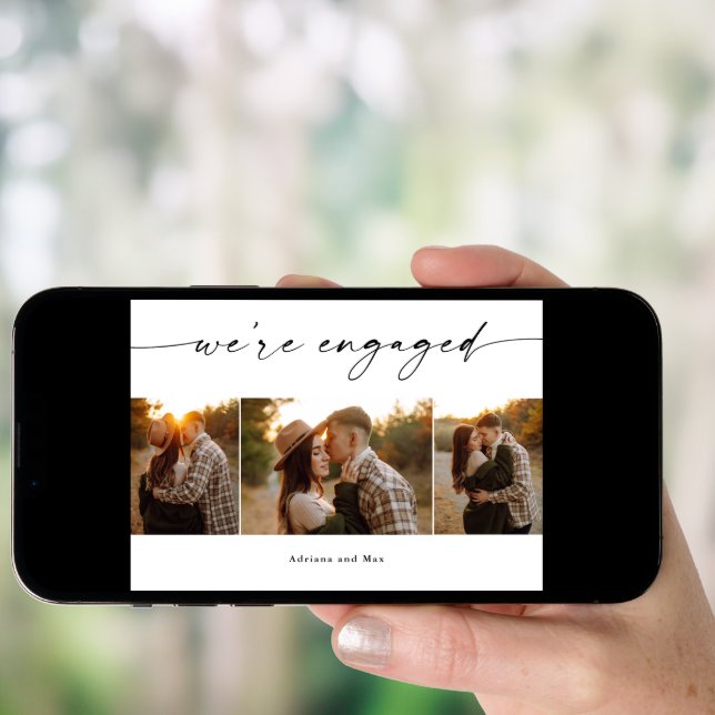 Simple Script 3 Photo Collage Wedding Engagement Invitation (Front Digital)