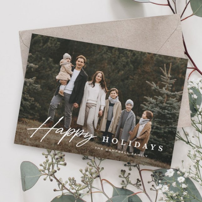 Simple Script 3 Photo Happy Holiday Card (Simple Script Happy Holiday Photo Card with elegant typographic overlay.)