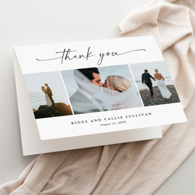 Simple Script 3  Photo Wedding  Letterpress Thank You Card (3 Photo Collage Folded Wedding Thank You Card.)