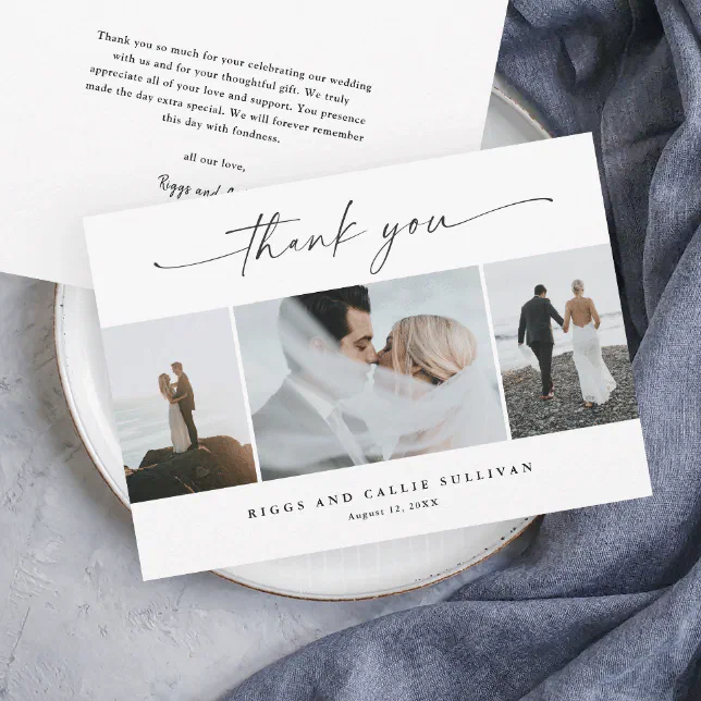 Simple Script 3 Photo Wedding Thank You Card | Zazzle