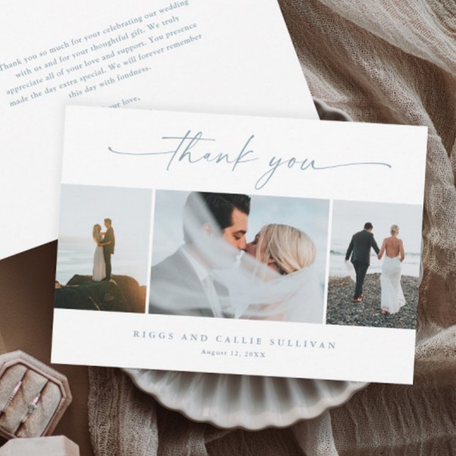 Simple Script 3  Photo Wedding  Thank You Card (Elegant handwritten dusty blue script wedding photo thank you cards.)