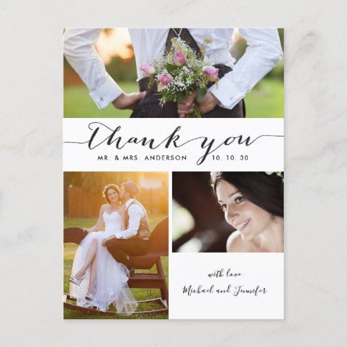 Simple Script 3 Photo Wedding Thank You Postcard