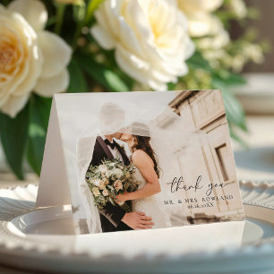 Simple Script and Photo Wedding Folded Letterpress Thank You Card