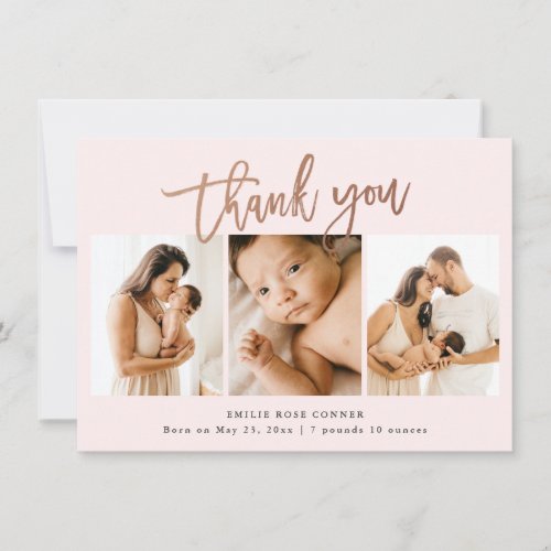 Simple Script Baby 3 Photo Birth Stat Thank You Card