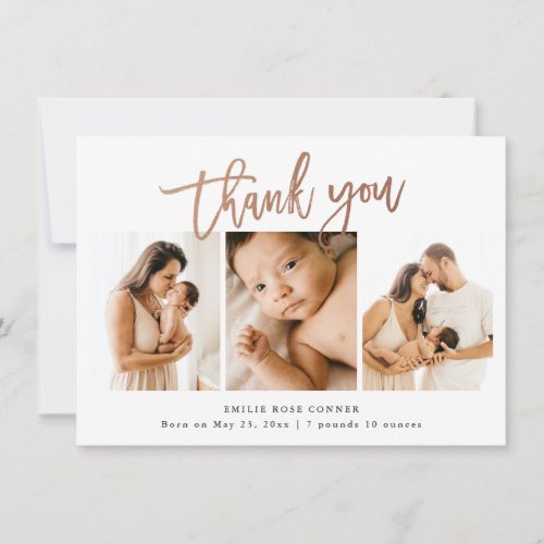 Simple Script Baby 3 Photo Birth Stat Thank You Card