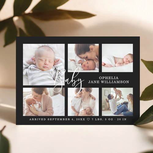 Simple Script Baby Birth Photo Collage Black Magnetic Invitation