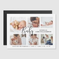 Simple Script Baby Birth Photo Collage White Magnetic Invitation