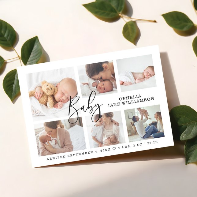 Simple Script Baby Birth Photo Collage White Magnetic Invitation (Simple Script Baby Birth Photo Collage White Magnetic Invitation)