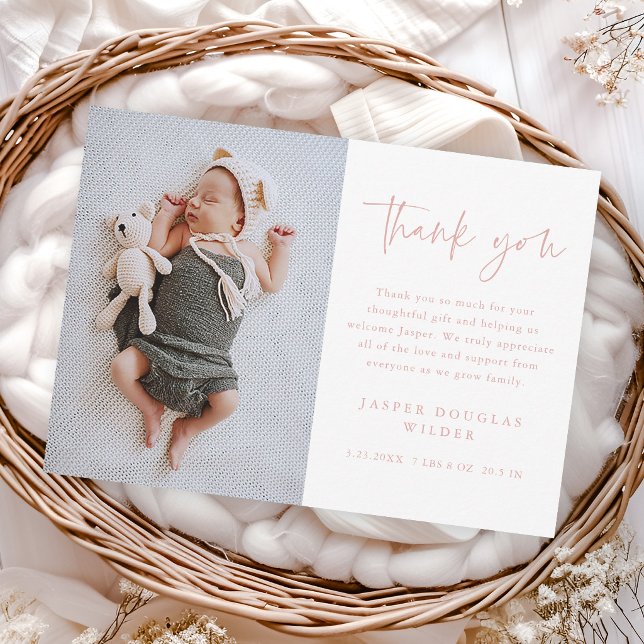 Simple Script Baby Photo Thank You Card (Simple modern script dusty pink baby photo thank you cards.)
