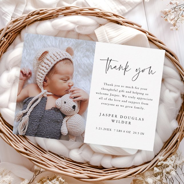 Simple Script Baby Photo Thank You Card (Simple modern script photo collage baby announcement thank you cards.)