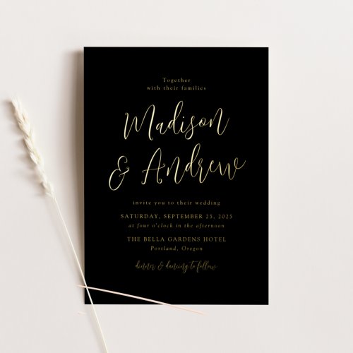 Simple Script Black and Gold Wedding Foil Invitation