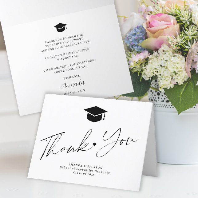 Simple script black and white graduation letterpress thank you card (Creator Uploaded)