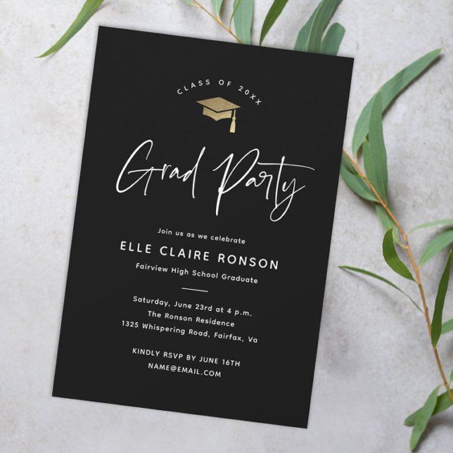 Simple Script Black and White Graduation Party Invitation (Modern script black and gold graduation party invitation.)