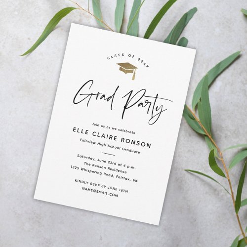 Simple Script Black and White Graduation Party Invitation