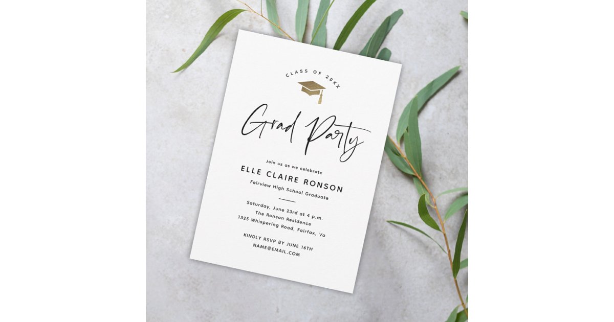 Simple Script Black and White Graduation Party Invitation | Zazzle