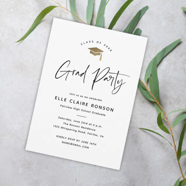 Simple Script Black and White Graduation Party Invitation | Zazzle