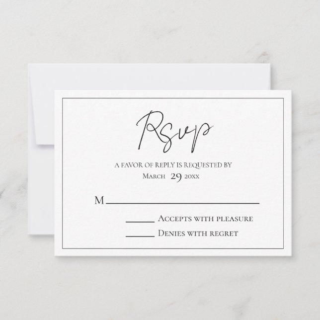Simple Script Black and White  RSVP Card (Front)
