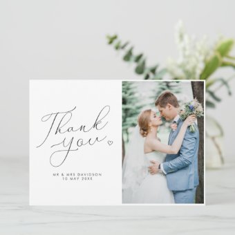 simple script black and white wedding photo thank you card | Zazzle